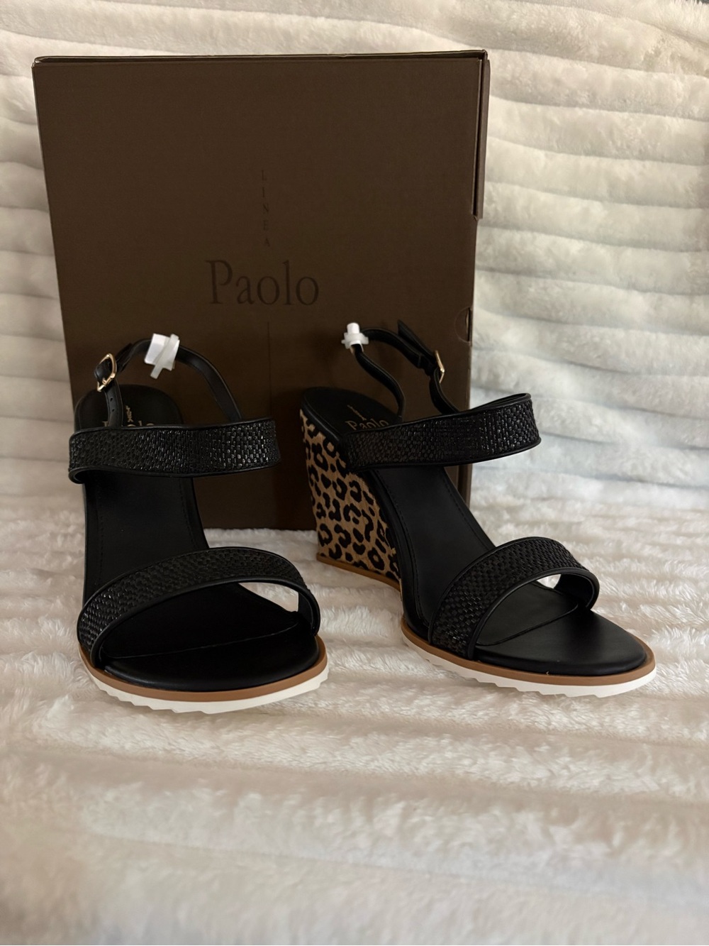 Paolo Black Sandal Wedges with Leopard-Print Heel